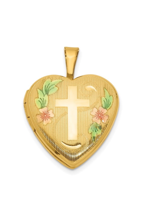 1/20 Gold Filled Polished and Epoxy 16mm Floral Religious Faith Cross Love Heart Locket Locket Necklace for Women