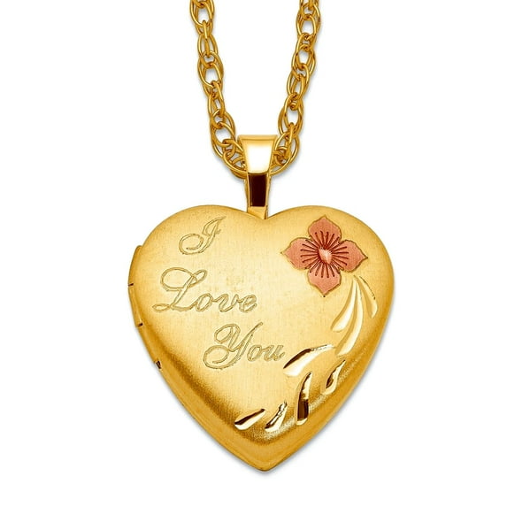 1/20 Gold Filled Satin Patterned Spring-Ring Not engraveable 16mm Enameled Flower I Love You Heart Locket Locket Necklac