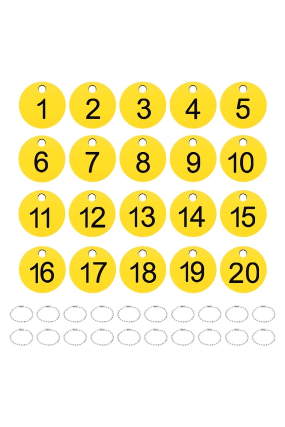 1-20 Number Tags, 20Pcs Round ID Number Key Tags Plastic Numbered Keychain with Key Rings for Luggage Lockers Organizer Field Sales Hangers Clothes Labels, Black-Yellow