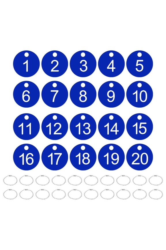 1-20 Number Tags, 20Pcs Round ID Number Key Tags Plastic Numbered Keychain with Key Rings for Luggage Lockers Organizer Field Sales Hangers Clothes Labels, White-Blue