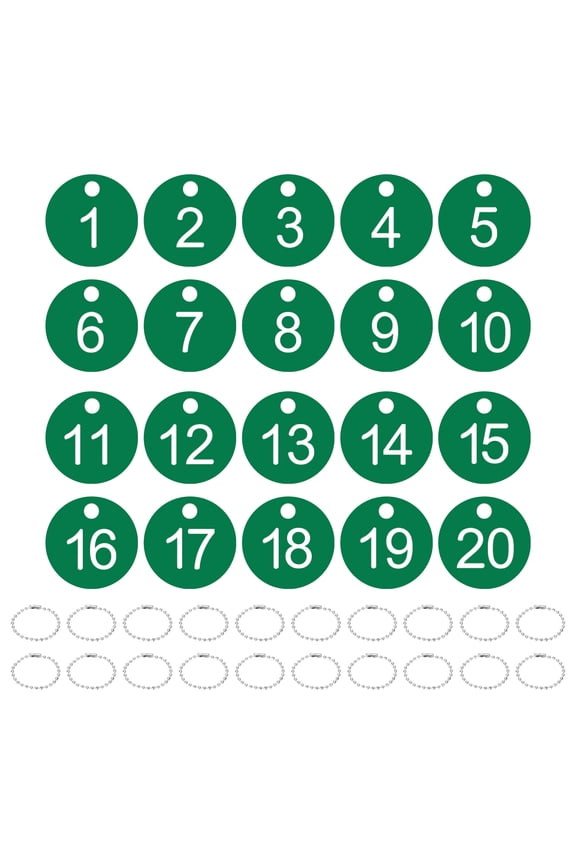 1-20 Number Tags, 20Pcs Round ID Number Key Tags Plastic Numbered Keychain with Key Rings for Luggage Lockers Organizer Field Sales Hangers Clothes Labels, White-Green