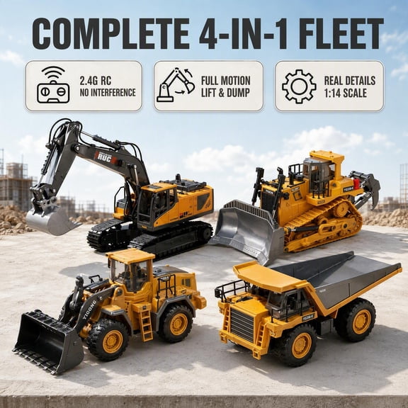 1:20 Scale 4-in-1 RC Construction Machinery Set, Yellow Alloy & Plastic Remote Control Excavator Bulldozer Dump Truck Loader, Rotatable Design LED Light Battery Charger