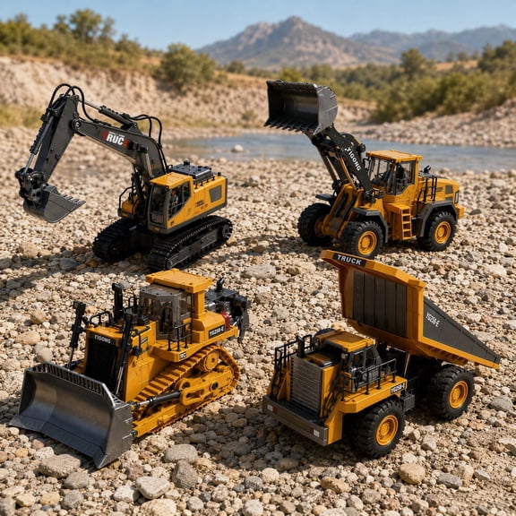 1:20 Scale 4-in-1 RC Construction Truck Collection, Yellow Remote Control Excavator Bulldozer Dumper Loader, Alloy & Plastic, Rotatable Feature, LED Light, Battery & Charger Included