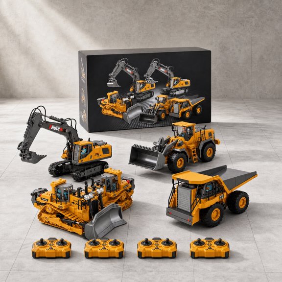 1:20 Scale 4-in-1 RC Engineering Construction Fleet Kit, Alloy Plastic Mix, Rotatable Mechanical Bucket Joints, LED Lighting, Battery Charger Pack