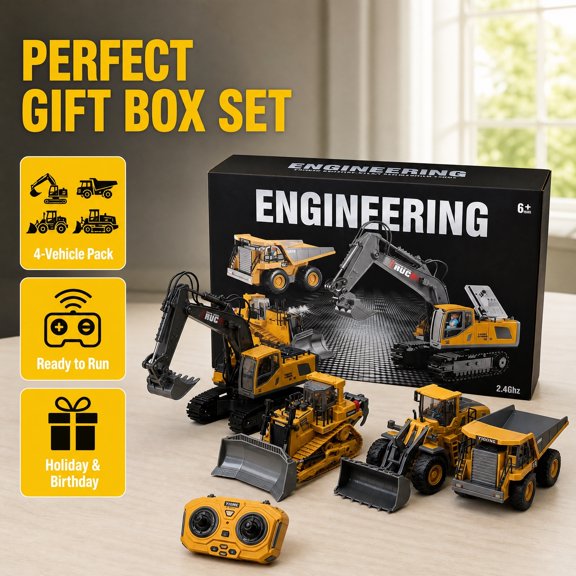 1:20 Scale 4-in-1 RC Engineering Fleet Bundle, Alloy & Plastic Yellow RC Excavator Bulldozer Dump Truck Loader, Rotatable Working Parts, LED Light, Battery & Charger Included
