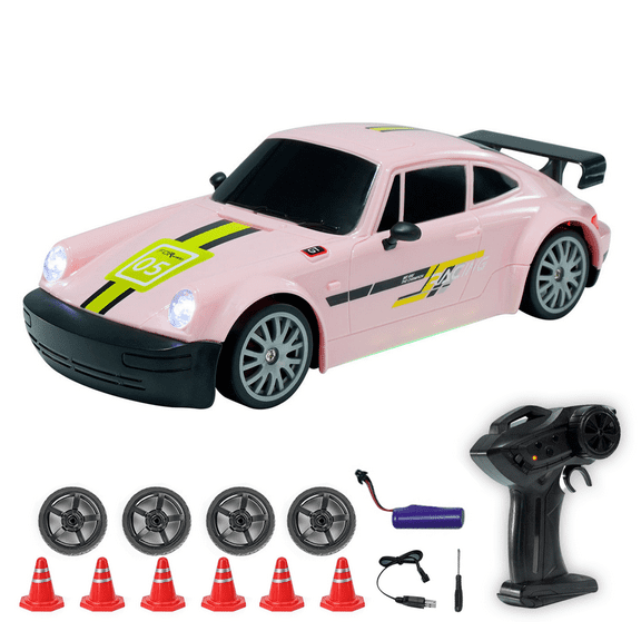 1:20 Scale 4WD RC Drift Car with LED Lights, 20km/h Remote Control Racing Car with Drift Tires & Roadblock Set, 2.4GHz 4WD Toy for Teens and Adults