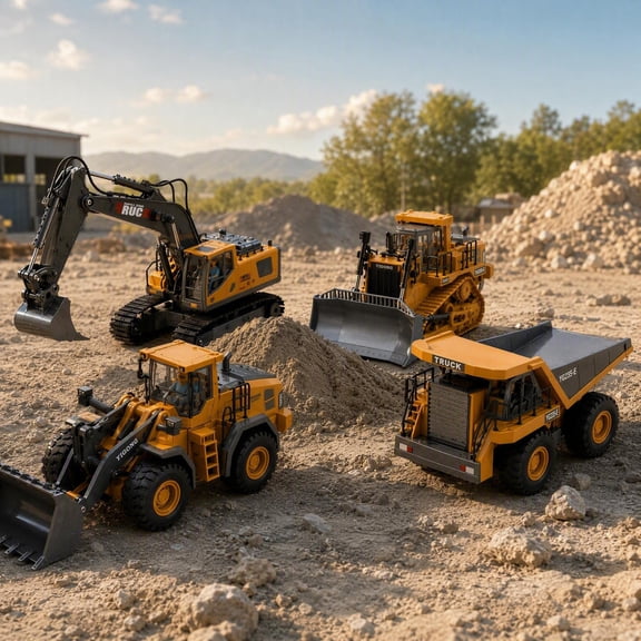 1:20 Scale RC 4-in-1 Yellow Construction Machinery Collection, Alloy Plastic Remote Control Excavator Bulldozer Loader Dump Truck, Rotating Parts LED Light, Battery & Charger Ready