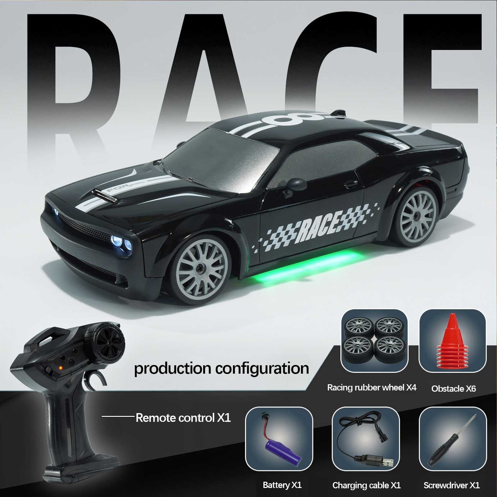 ​1:20 Scale RC Drift Car - 2.4GHz 4WD, 20KM/H High Speed, Rechargeable, LED Lights & Drift Tires (Remote Control Racing Car)​​ C
