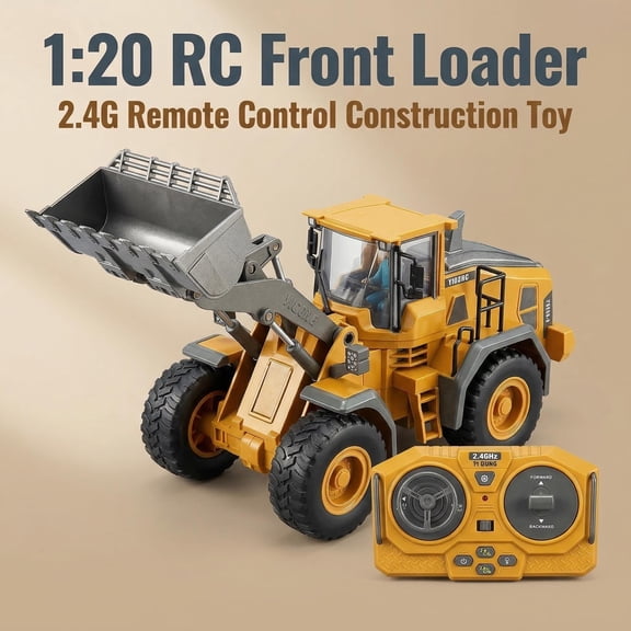 1:20 Scale RC Wheel Loader Toy, Partial Alloy & Plastic Construction, 360 Rotation, LED Lights, Includes Battery & Charger, Yellow Construction Vehicle Toy for Kids Ages 6 and Up