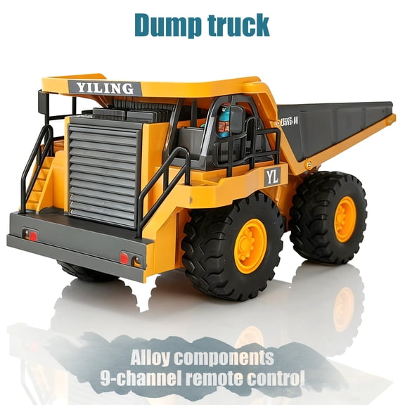 1:20 Scale Remote Control Dump Truck Toy for Kids, Alloy & Plastic Mix, Rotatable Design with LED Lights, Battery & Charger Included, Yellow Construction Vehicle Toy for Ages 6+