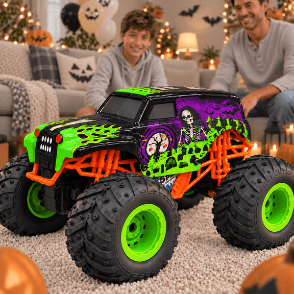 1:20 Scale Remote Control Monster Truck, RC Off-Road Car with Oversized Treaded Tires, Skull and Flame Graphics, Rechargeable Battery and USB Charging Cable, Halloween and Birthday Gift