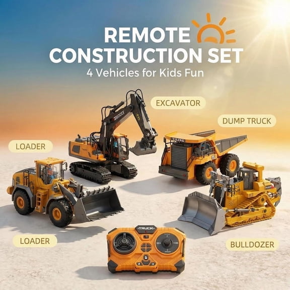 1:20 Scale Yellow 4-in-1 RC Construction Machine Toy Set for Kids 6+, Remote Excavator, Bulldozer, Loader & Dump Truck, Rotatable Working Boom, LED Lights, Battery & Charger Included