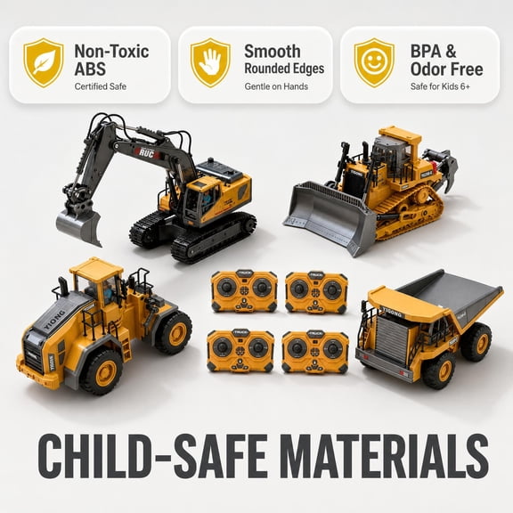 1:20 Scale Yellow 4-in-1 RC Construction Machinery Kit Alloy Plastic, Remote Control Excavator Bulldozer Dump Truck Loader, Rotatable Mechanism, LED Light, Battery Pack & Charger Kit