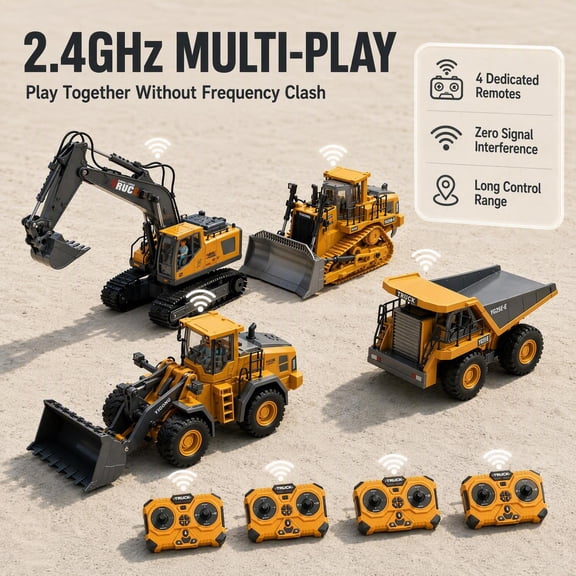 1:20 Scale Yellow 4-in-1 Remote Control Construction Machinery Set, Alloy Plastic RC Excavator Bulldozer Dump Truck Loader, Rotatable Components, LED Light, Power Accessories