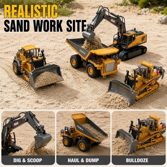1:20 Scale Yellow 4-in-1 Remote Control Construction Truck Pack, RC Excavator Bulldozer Dumper Loader Set, Alloy Plastic Hybrid, Rotatable Mechanism, LED Light, Battery & Charger Included