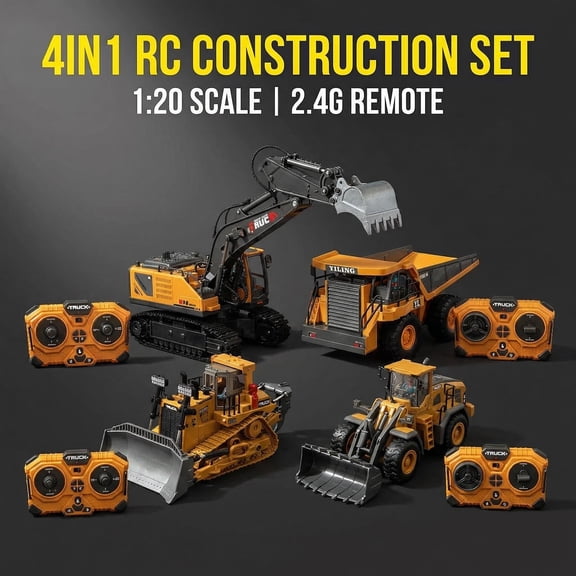1:20 Scale Yellow 4-in-1 Remote Control Construction Truck Playset, Educational Simulation Engineering Toys for Kids 6+, Rotatable Working Mechanism, Ambient LED Lights, Battery & Charger Included fo