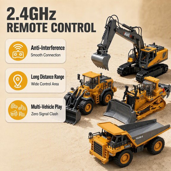 1:20 Scale Yellow 4-in-1 Remote Control Engineering Machine Set, Alloy & Plastic RC Construction Fleet, Rotatable Function, LED Light, Battery & Charger Included