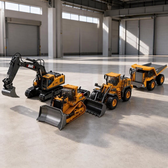 1:20 Scale Yellow Alloy Plastic 4-in-1 Remote Control Excavator Bulldozer Dump Truck Loader RC Construction Vehicle Set Rotatable LED Light Battery & Charger Included