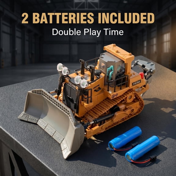 1:20 Scale Yellow RC Bulldozer Toy, Partial Alloy & Plastic Remote Control Construction Vehicle, 360 Rotation, LED Lights, Battery & Charger Included for Kids Ages 6 and Up`
