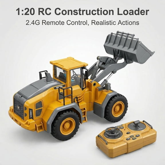 1:20 Scale Yellow RC Loader Toy, Partial Alloy & Plastic Remote Control Construction Vehicle, 360 Rotation, LED Lights, Battery & Charger Included for Kids Ages 6 and Up