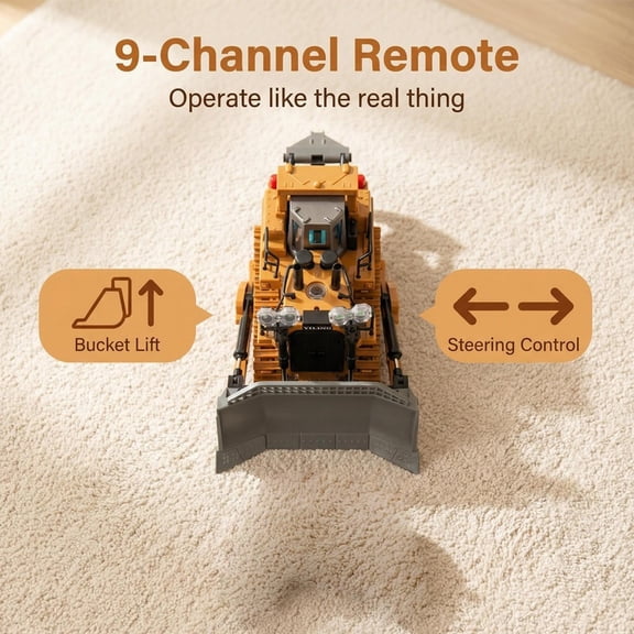 1:20 Scale Yellow Remote Control Bulldozer, Alloy Plastic Mixed Frame, Rotatable Shovel & LED Lights, Battery and Charger Included, Kids Engineering Toy Ages 6+