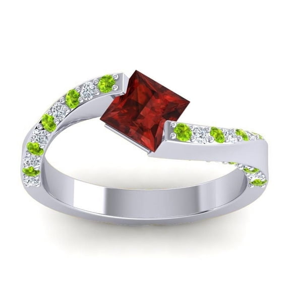 1.20 T.C.W Natural Diamond Garnet & Peridot Gemstone New Engagement Ring for Women Solid 18K White Gold Size 9 by Diamond-Capitals
