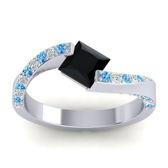 1.20 T.C.W Unique Natural Diamond Black Onyx & Blue Topaz Gemstone Engagement Ring for Ladies Solid 18K White Gold Size 9 by Diamond-Capitals