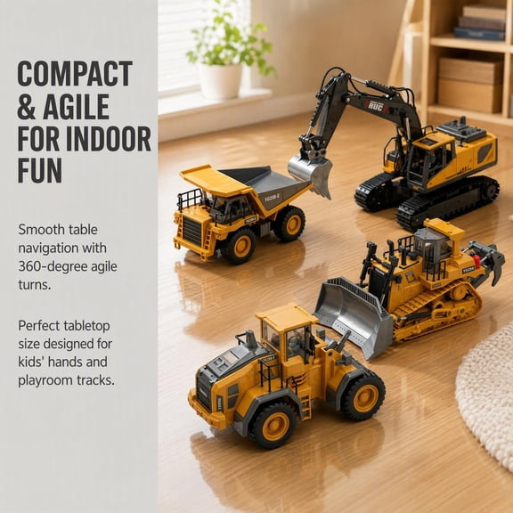 1:20 Yellow Remote Control 4-in-1 Construction Machinery Pack, RC Excavator Bulldozer Dumper Loader Set, Alloy & Plastic, Rotatable Design, LED Lamp, Battery & Charger Included