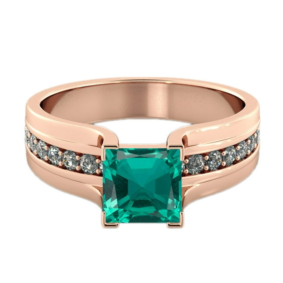 1.20 ctw Lab Created Green Emerald Stone Ring with Diamonds 14K Rose Gold Bridge Channel set Princess
