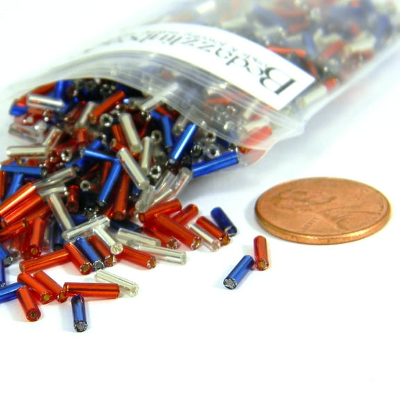 1,200 Patriotic Mix of Silver Lined Red, White, & Blue 1/4 inch Long 6mm Glass Bugle Tube USA Flag Colored Seed Beads