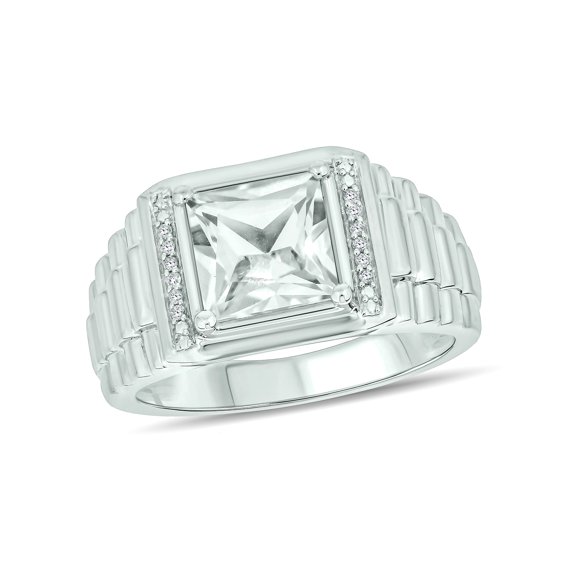 1/20cttw Diamond Accent Men's Colored Stone Ring in 925 Sterling Silver, Men's Ribbed Shank Ring with Choice of 8mm Created Aquamarine, or Blue or White Sapphire, Silver Stone and Diamond Ring for Men