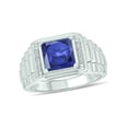 thumbnail image 1 of 1/20cttw Diamond Accent Men's Colored Stone Ring in 925 Sterling Silver, Men's Ribbed Shank Ring with Choice of 8mm Created Aquamarine, or Blue or White Sapphire, Silver Stone and Diamond Ring Men, 9, 1 of 7