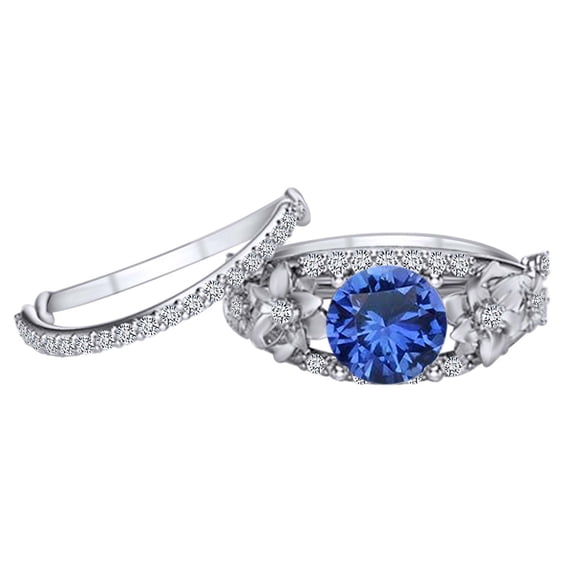 AFFY 1.21 Carat(Cttw) Round Simulated Blue Sapphire & Natural Diamond Floral Engagement Ring 14K Solid White Gold Ring Size-6