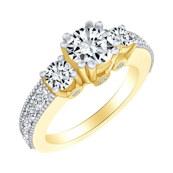 AFFY 1.21 Carat (Ctw) Round Shape White Natural Diamond Three Stone Engagement Ring In 14k Solid Yellow Gold Ring Size-11.5