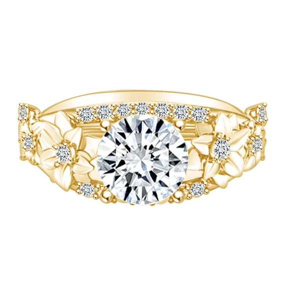 AFFY 1.21 Carat Round Shape Moissanite & Natural Diamond Engagement Ring 14K Solid Yellow Gold Ring Size-5.5