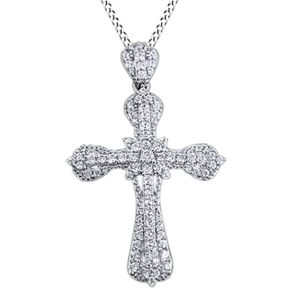 AFFY 1.21 Ct Round Cut Natural Diamond Fashion Cross Pendant Necklace In 14K Solid White Gold