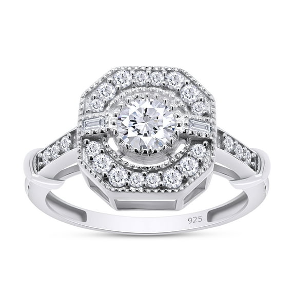 1.22 CT Round & Baguette Cut White Cubic Zirconia Milgrain Halo Ring In 14K White Gold Plated 925 Sterling Silver (Color: White, Clarity: VVS1-VVS2, 1.22 Cttw) -4.5