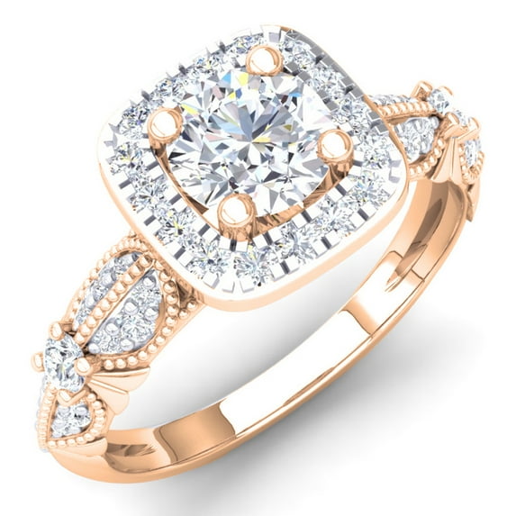 1.22 Carat (ctw) 10K Rose Gold Round Cut Diamond Ladies Halo Style Split Shank Vintage & Antique Milgrain Engagement Rin