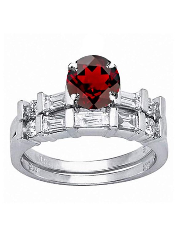 1.22 Carat t.w 14K White Gold Channel Set Baguette And Round Diamond Wedding Set w/a 0.5 Carat Round Cut Red Garnet Heirloom Quality