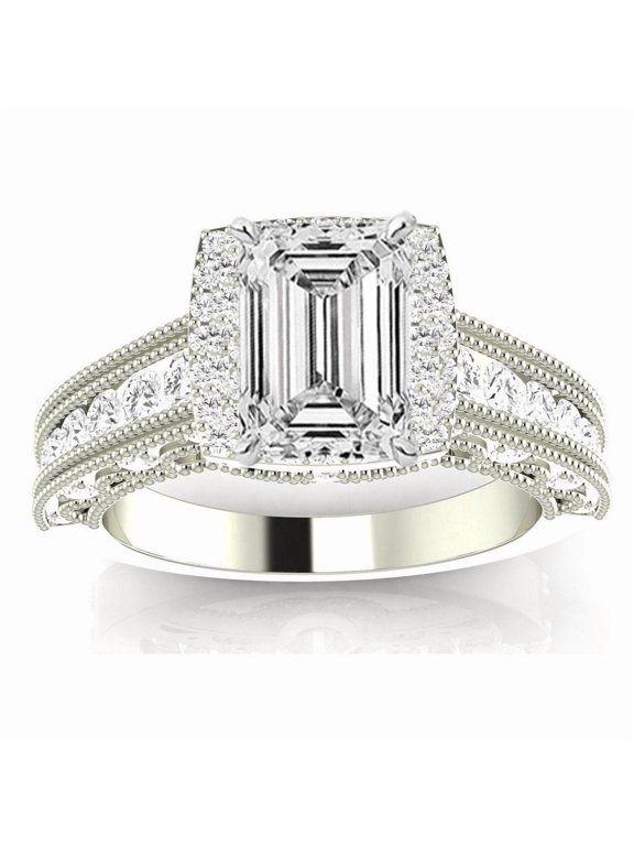 1.23 Carat Platinum Vintage Halo Style Channel Set Round Brilliant Emerald Cut Diamond Engagement Ring Milgrain (F Color VS1 Clarity Center Stones)
