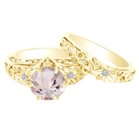 AFFY 1.23 Carat Round Shape Simulated Morganite & Natural Diamond Unique Engagement Rings 14K Solid Yellow Gold Ring Size-9.5