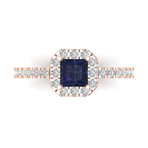 Halo Engagement Ring for Women - 0.89ct Simulated Blue Sapphire in 14K Rose Gold Promise Ring