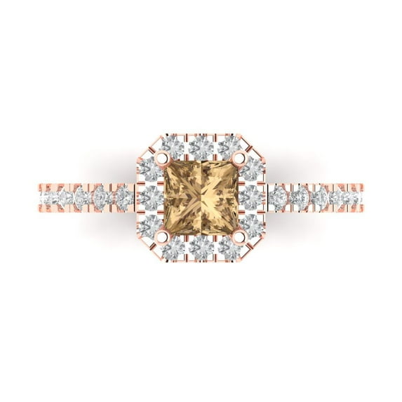 Halo Engagement Ring for Women - 0.89ct Simulated Champagne Diamond in 14K Rose Gold Promise Ring