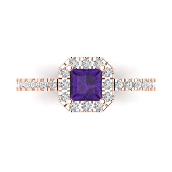Halo Engagement Ring for Women - 0.89ct Natural Amethyst in 14K Rose Gold Promise Ring