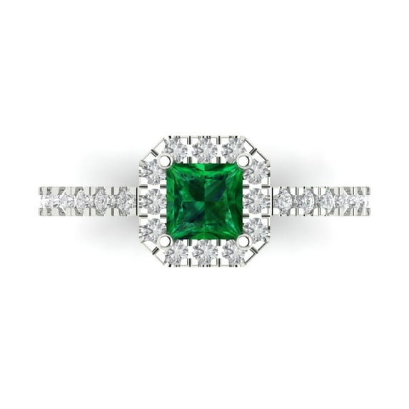 0.89 ct Princess Cut Simulated Emerald with Simulated Diamond Halo Accents 18K White Gold Womens Engagement Ring