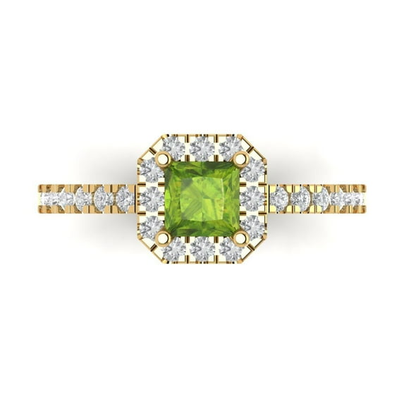 0.89 ct Princess Cut Natural Peridot with Simulated Diamond Halo Accents 18K Yellow Gold Womens Engagement Ring