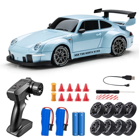 1:24 4WD RC Drift Car, 2.4G Remote Control High-Speed Racing Sports Toy with LED Lights & Tire Roadblocks, 20KM/H Top Speed, Blue