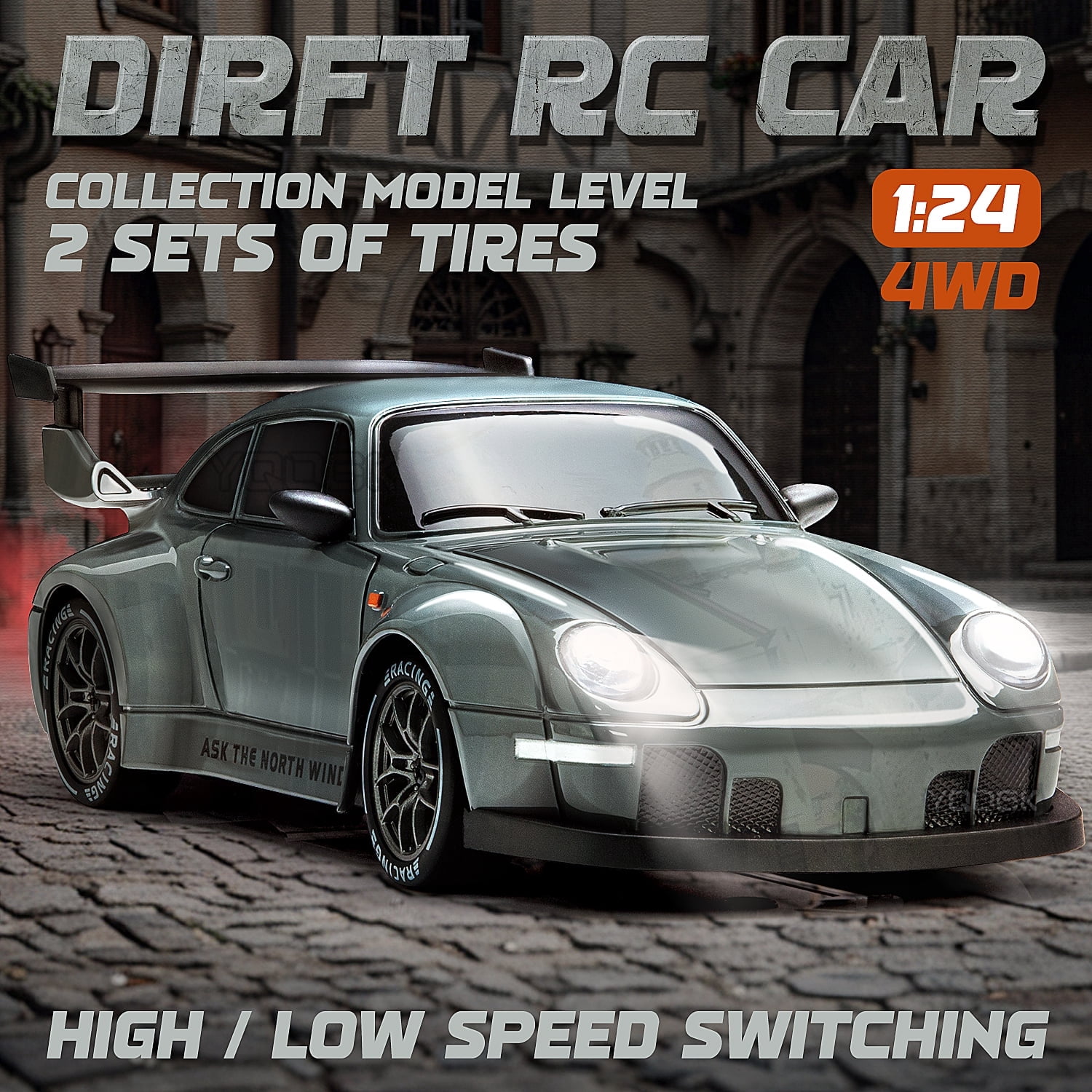 1:24 4WD RC Drift Car, 2.4G Remote Control High-Speed Racing Sports Toy with LED Lights & Tire Roadblocks, 20KM/H Top Speed, Dark Gray