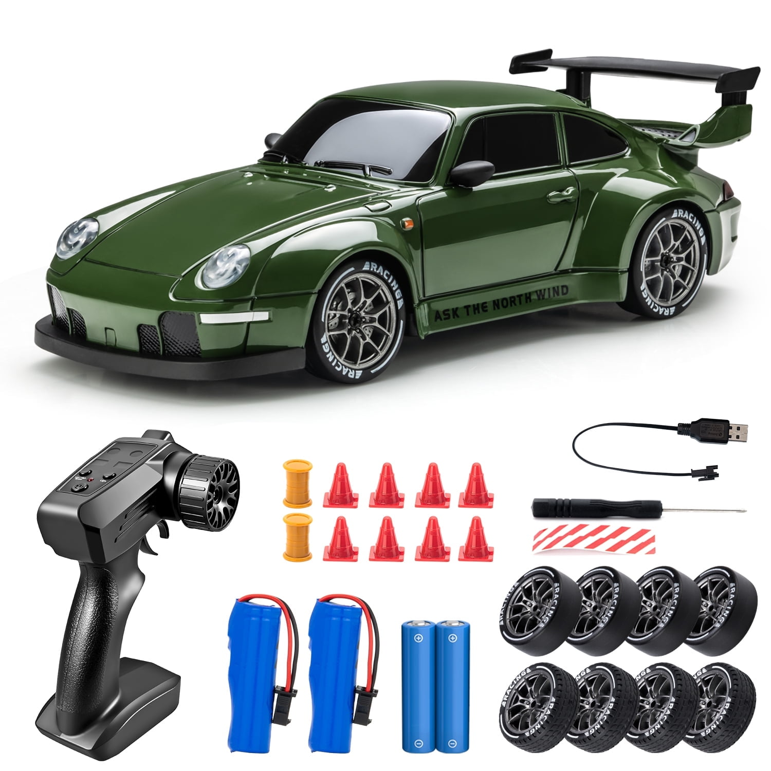 1:24 4WD RC Drift Car, 2.4G Remote Control High-Speed Racing Sports Toy with LED Lights & Tire Roadblocks, 20KM/H Top Speed, Green