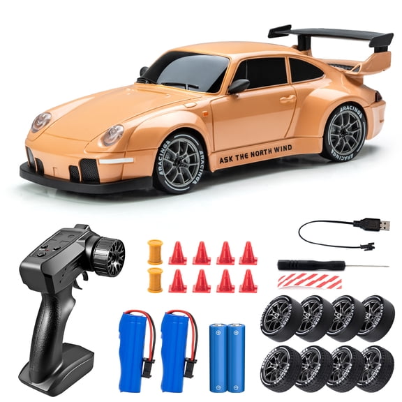 1:24 4WD RC Drift Car, 2.4G Remote Control High-Speed Racing Sports Toy with LED Lights & Tire Roadblocks, 20KM/H Top Speed, Orange Yellow